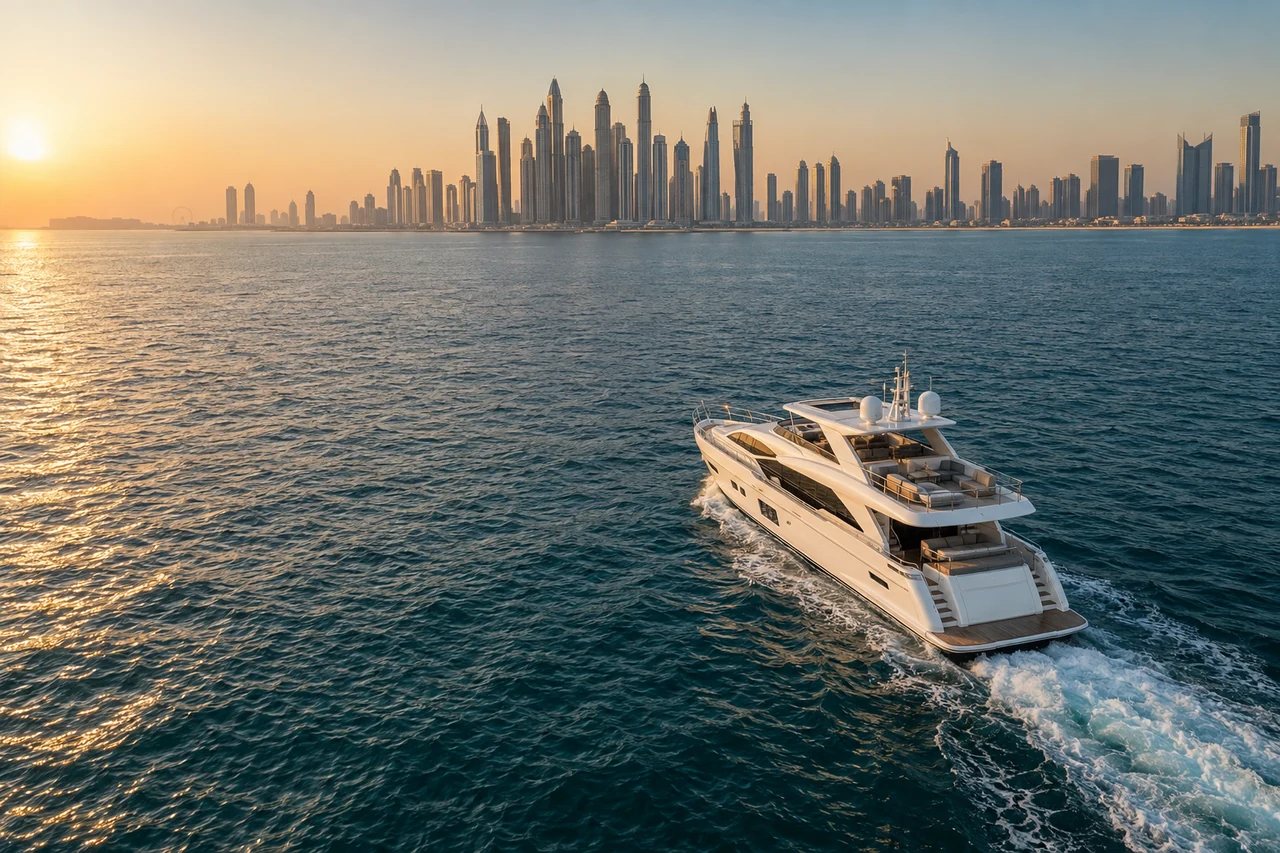 Yacht on the water with the Dubai skyline at sunset