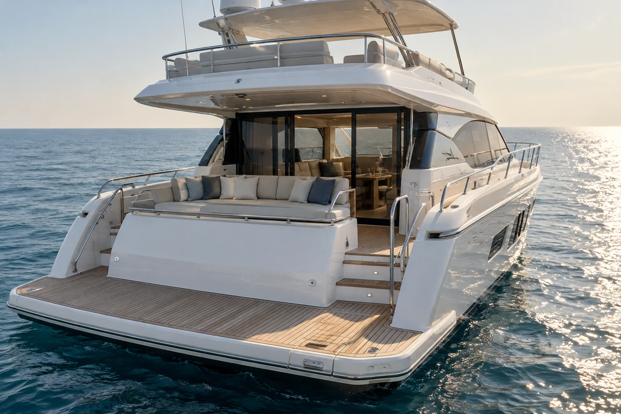 Shaded aft seating and salon entrance on a motor yacht