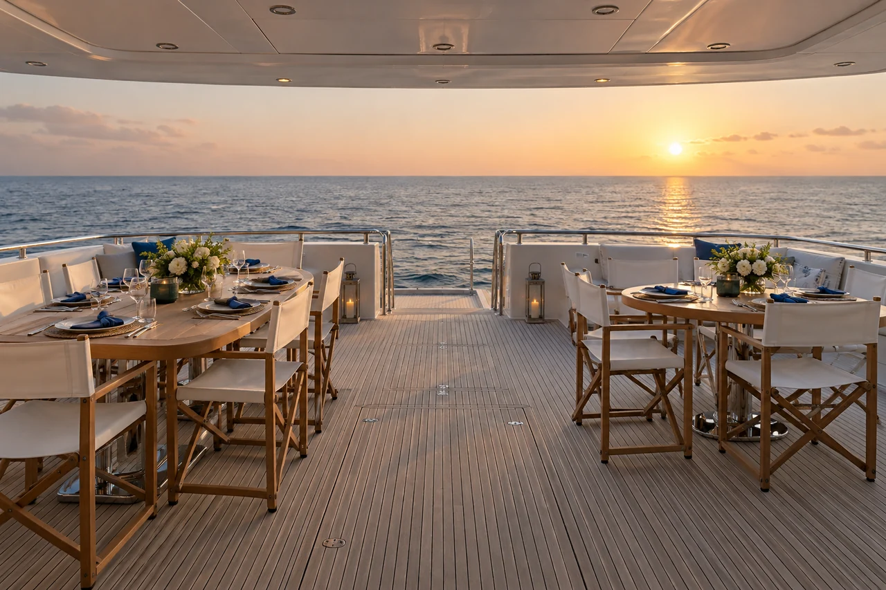 Two dining tables with a central walkway on a yacht deck