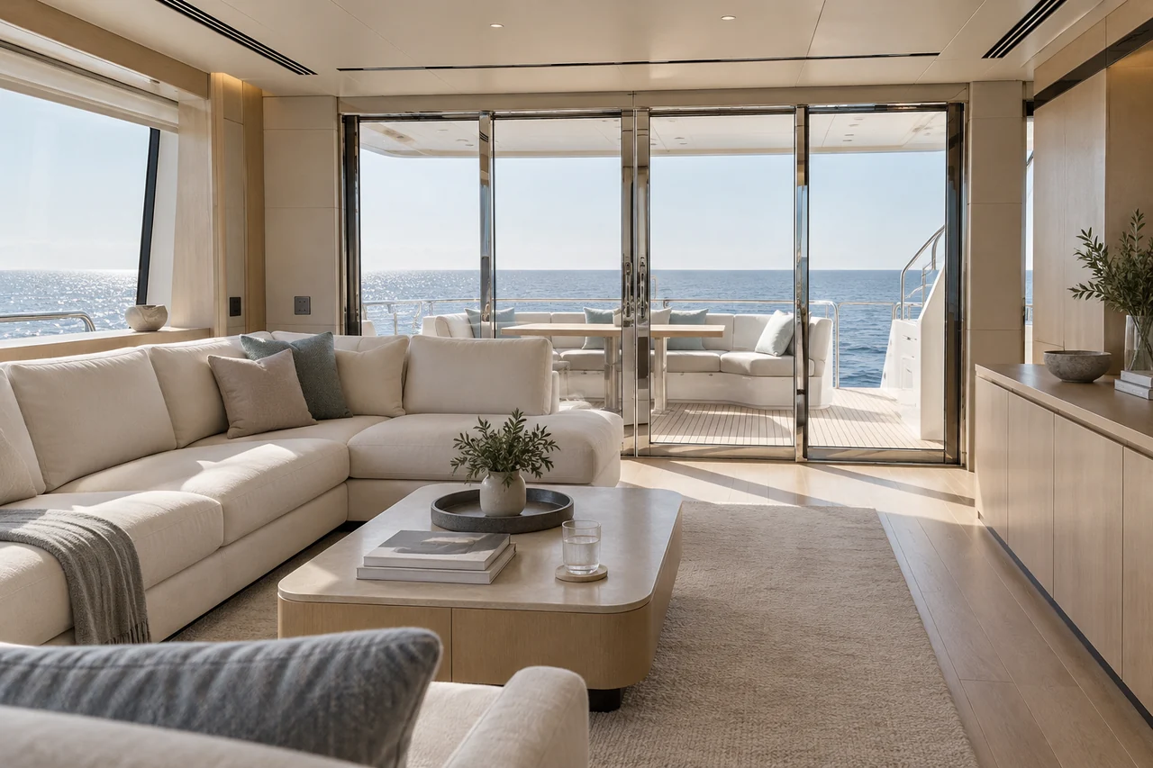 Enclosed yacht salon with shaded seating and ceiling air vents