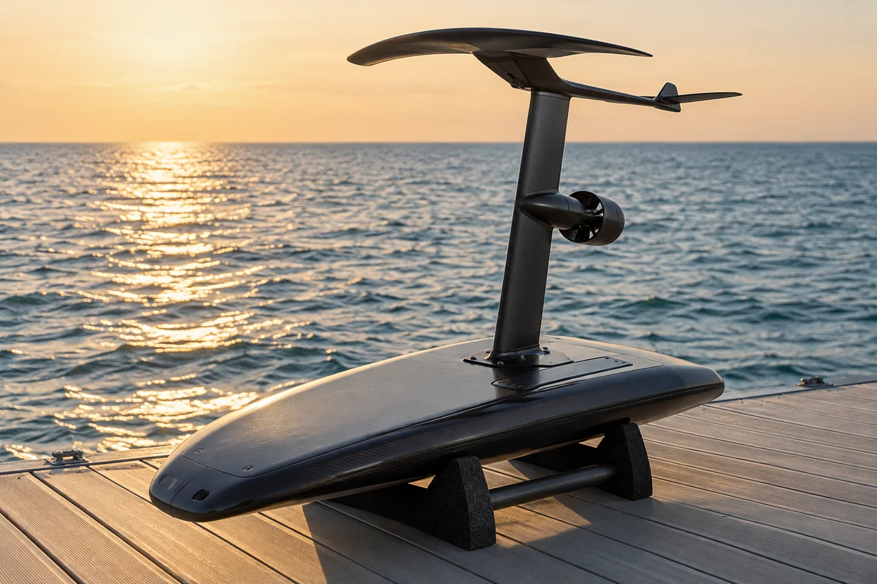 An electric hydrofoil board with its mast, wings and propulsor
