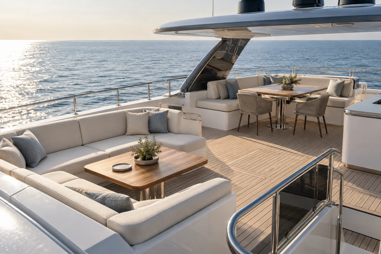 Two seating areas on a private yacht deck