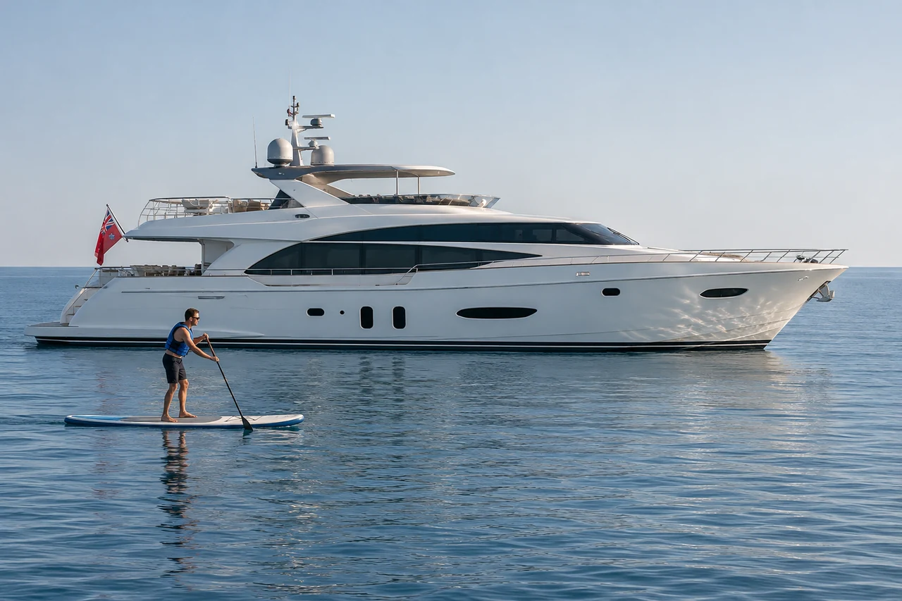 A paddleboarder on calm open water