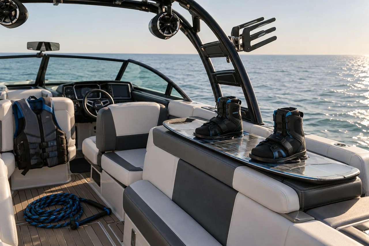 Wakeboard, bindings and tow rope in a dedicated sports boat