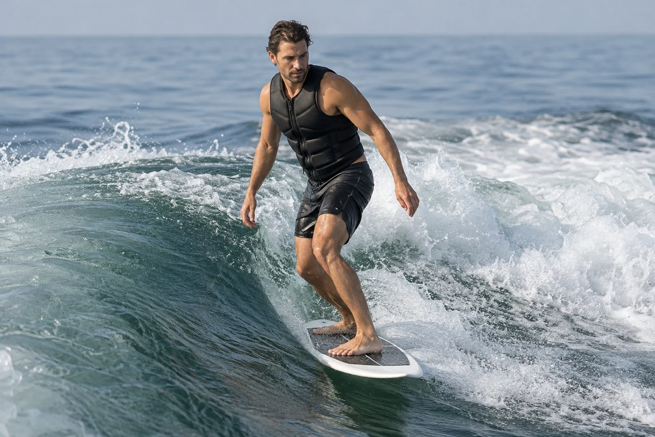 A wakesurfer riding a boat-generated wave