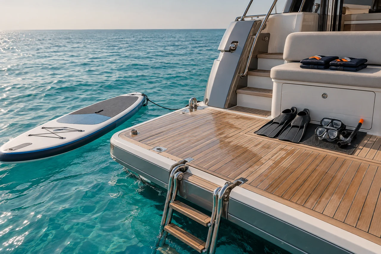 Paddleboard and water-sports equipment beside a yacht platform