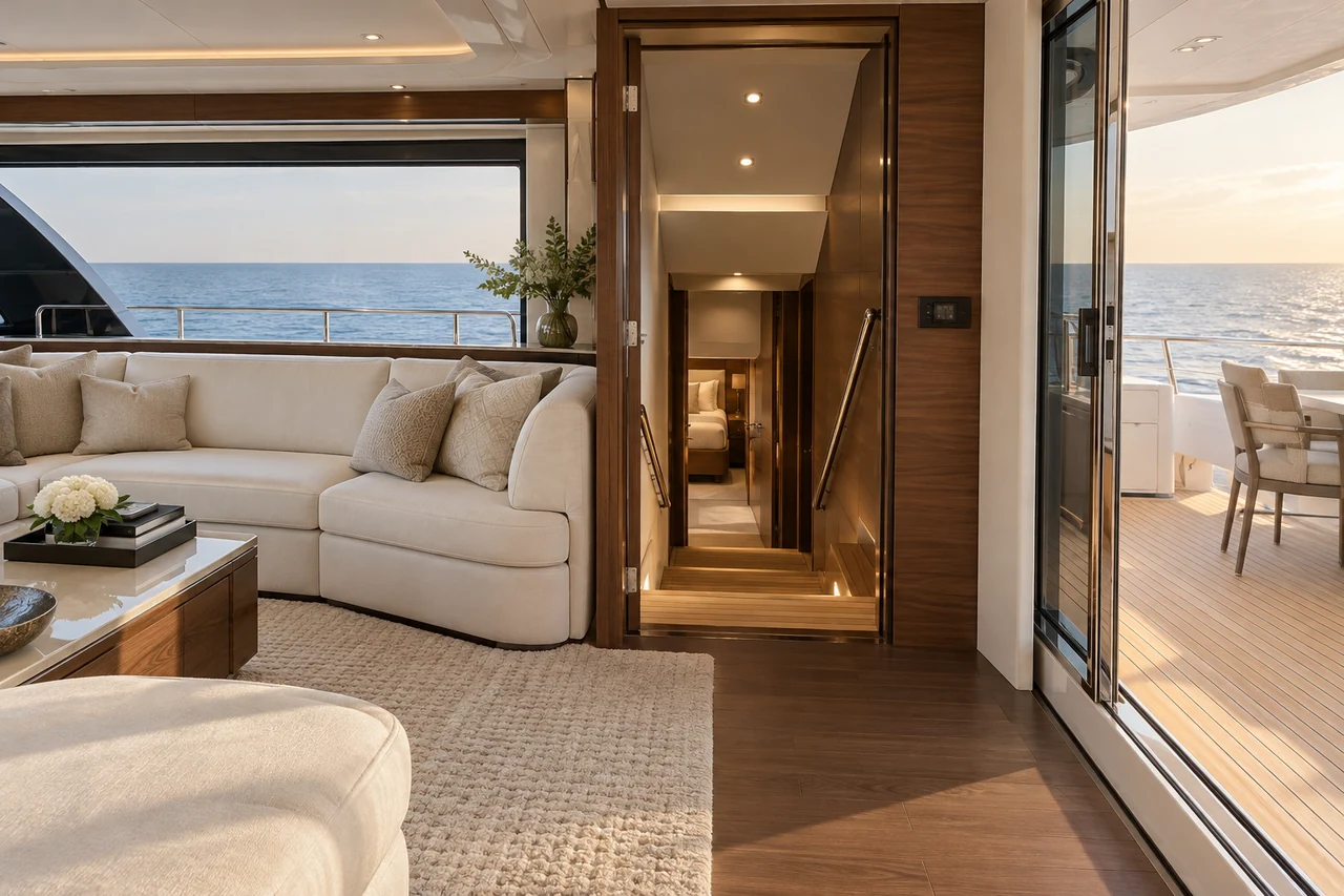 Yacht salon with steps leading to the lower accommodation deck