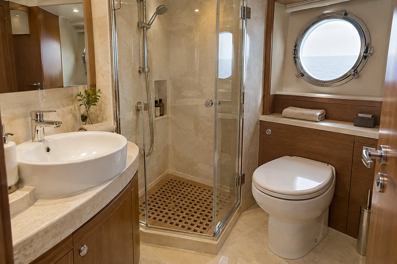 A yacht bathroom with a separate shower enclosure
