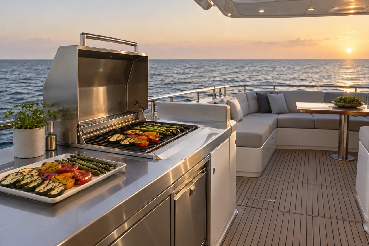Built-in deck grill and a platter of grilled vegetables
