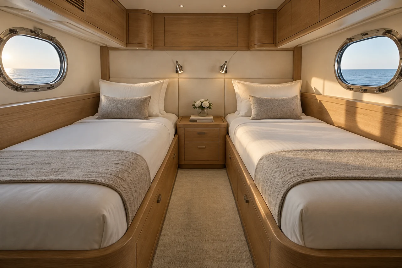 Twin beds and built-in storage in a yacht cabin