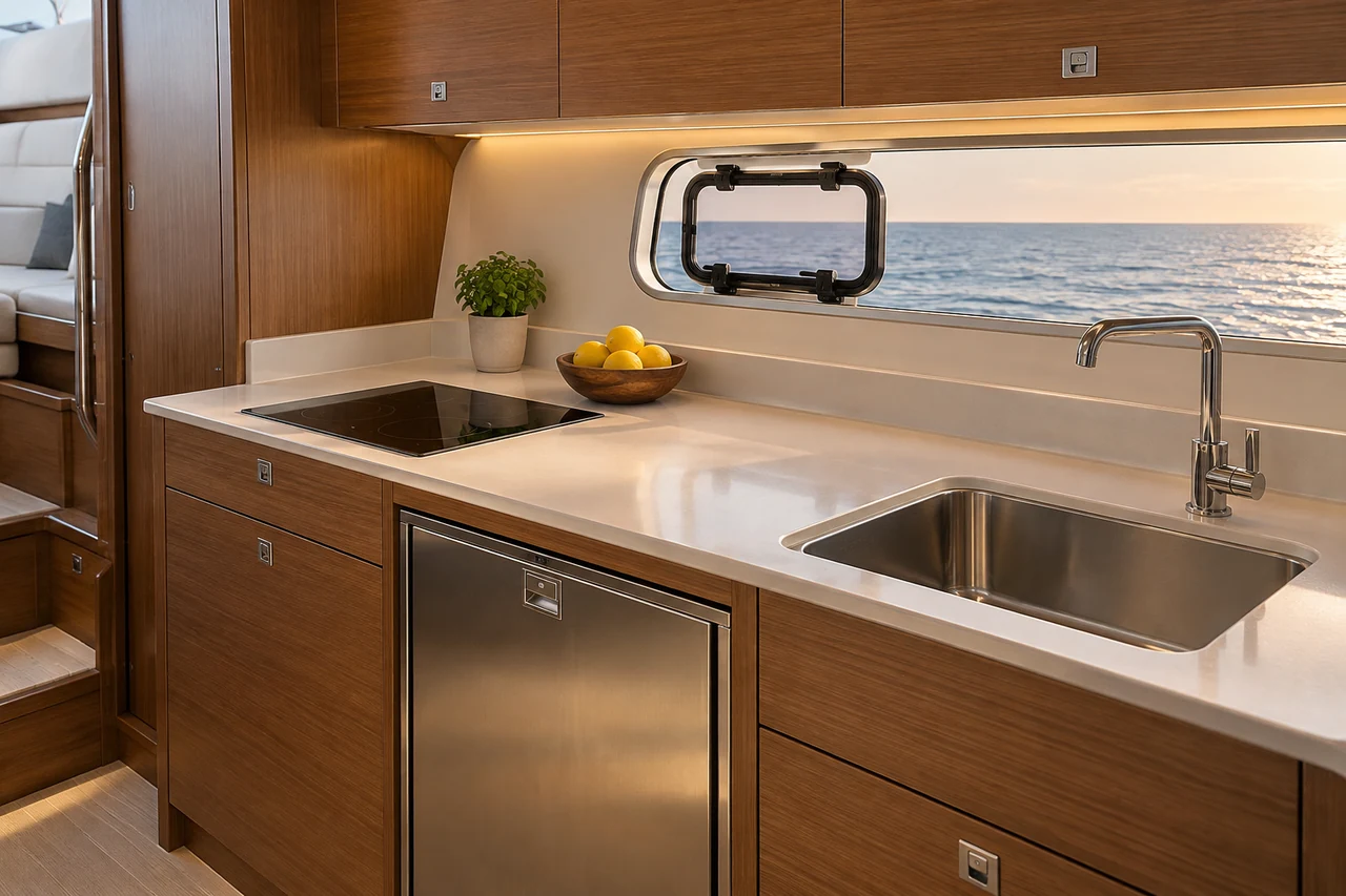 Compact yacht galley with a hob, sink and fitted cupboards