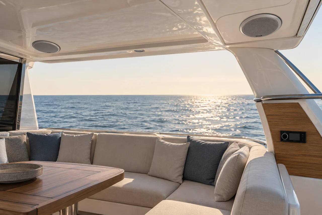Marine speakers integrated into a shaded yacht cockpit