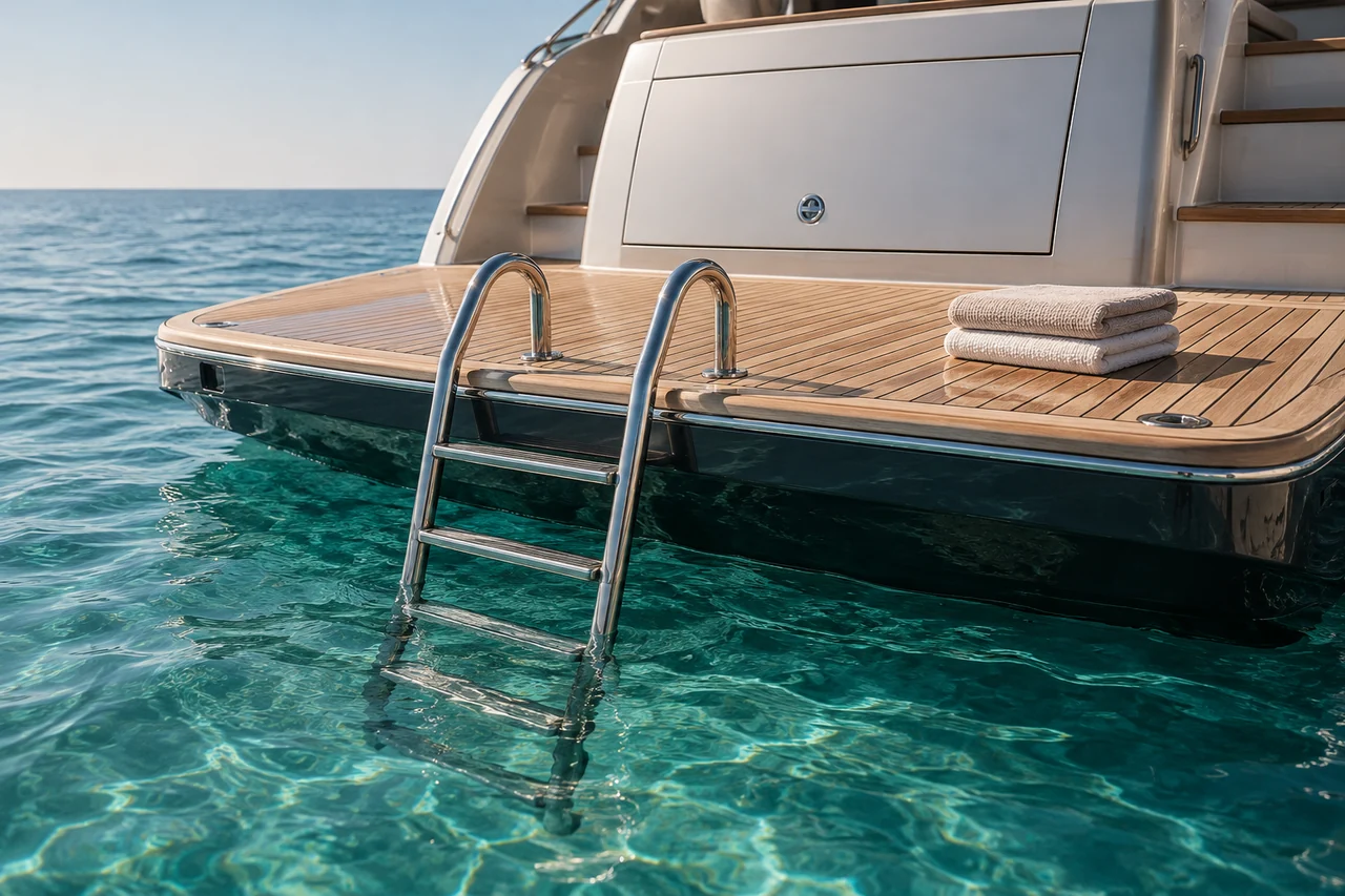 Yacht swim platform and ladder at water level
