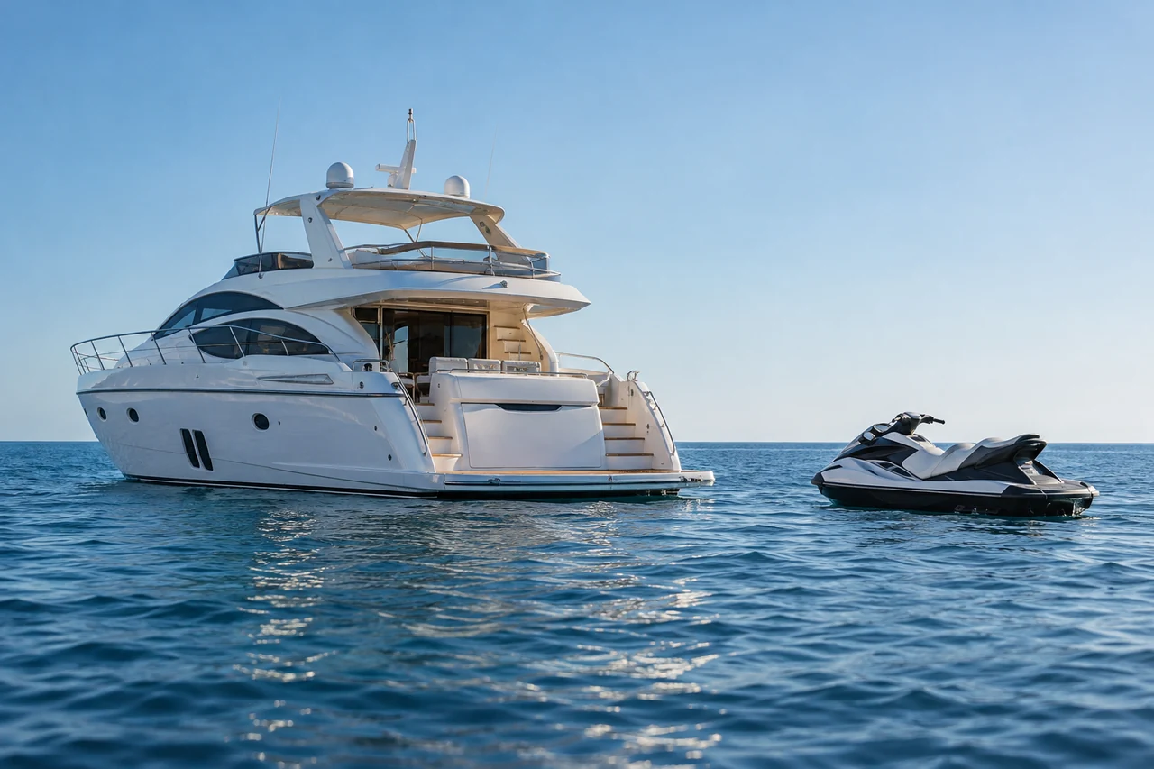 A motor yacht and separate jet ski on calm water