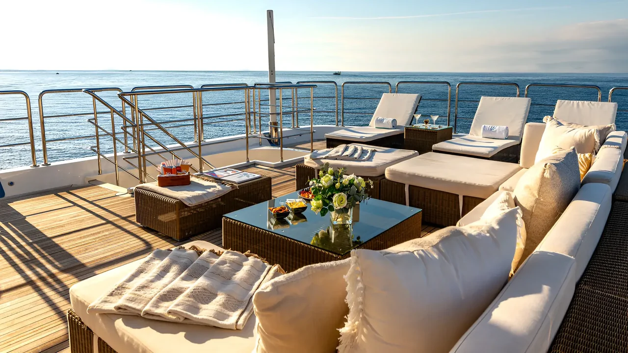 Open-air deck lounge and sunbeds aboard Behike