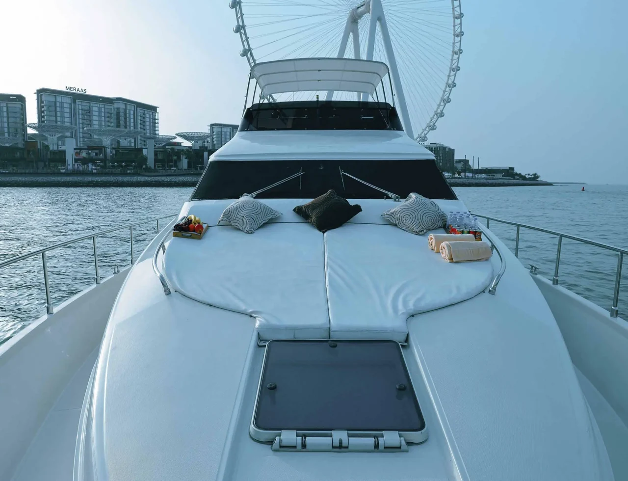 Bow sunpad and foredeck aboard Dominator 66