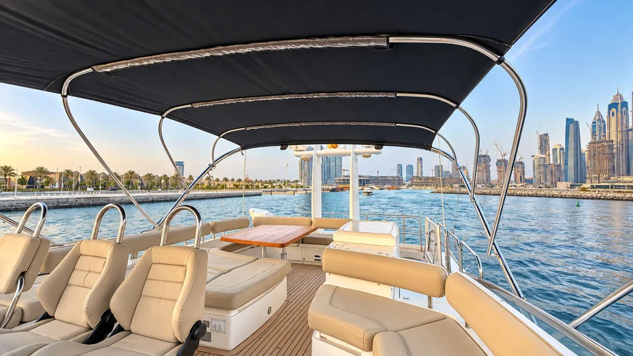 Covered flybridge lounge and helm aboard Empress 80