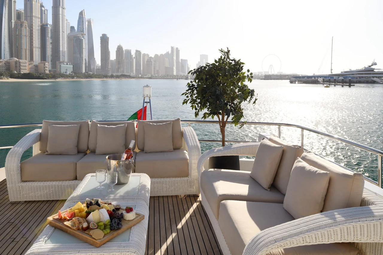 Outdoor wicker lounge seating aboard Haigan 96