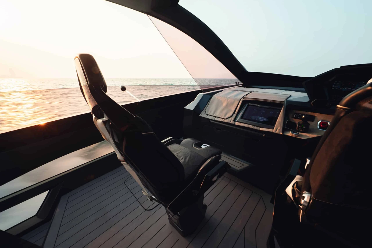 Lamborghini 63’s angular helm and cockpit seats at sunset