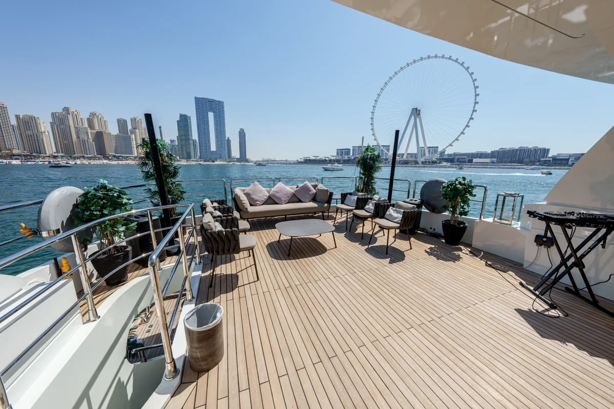 Open deck seating aboard Khalili near the Dubai waterfront