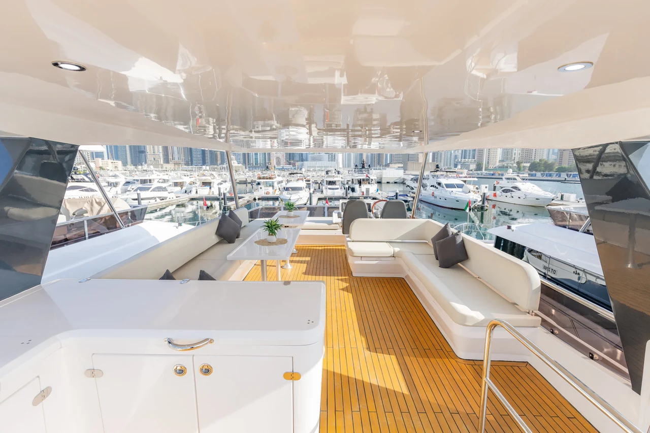 Shaded upper seating and table aboard Reno