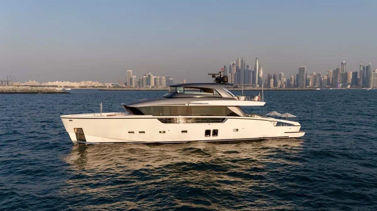 San Lorenzo SX88 viewed from the side on Dubai coastal water