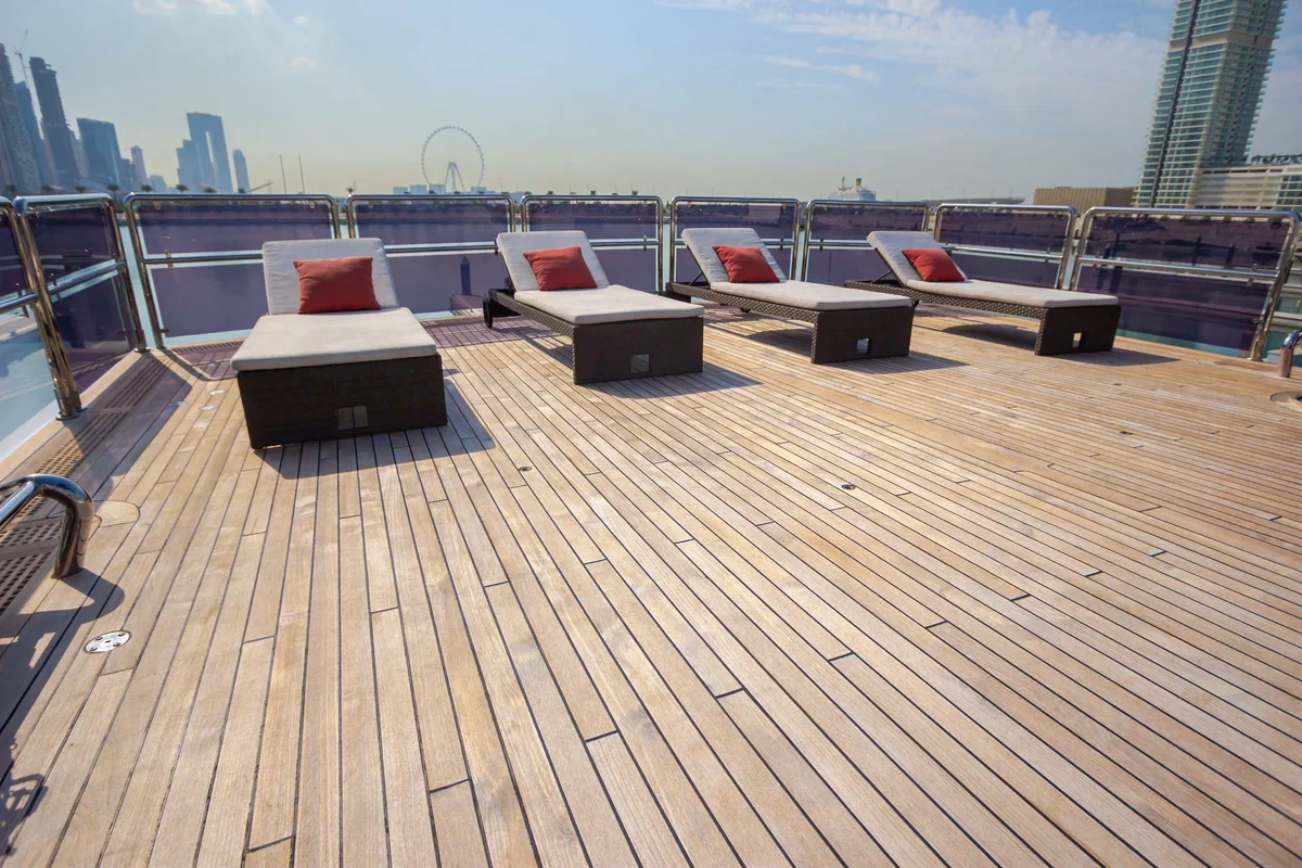 Open deck lounge seats aboard Sky Fall