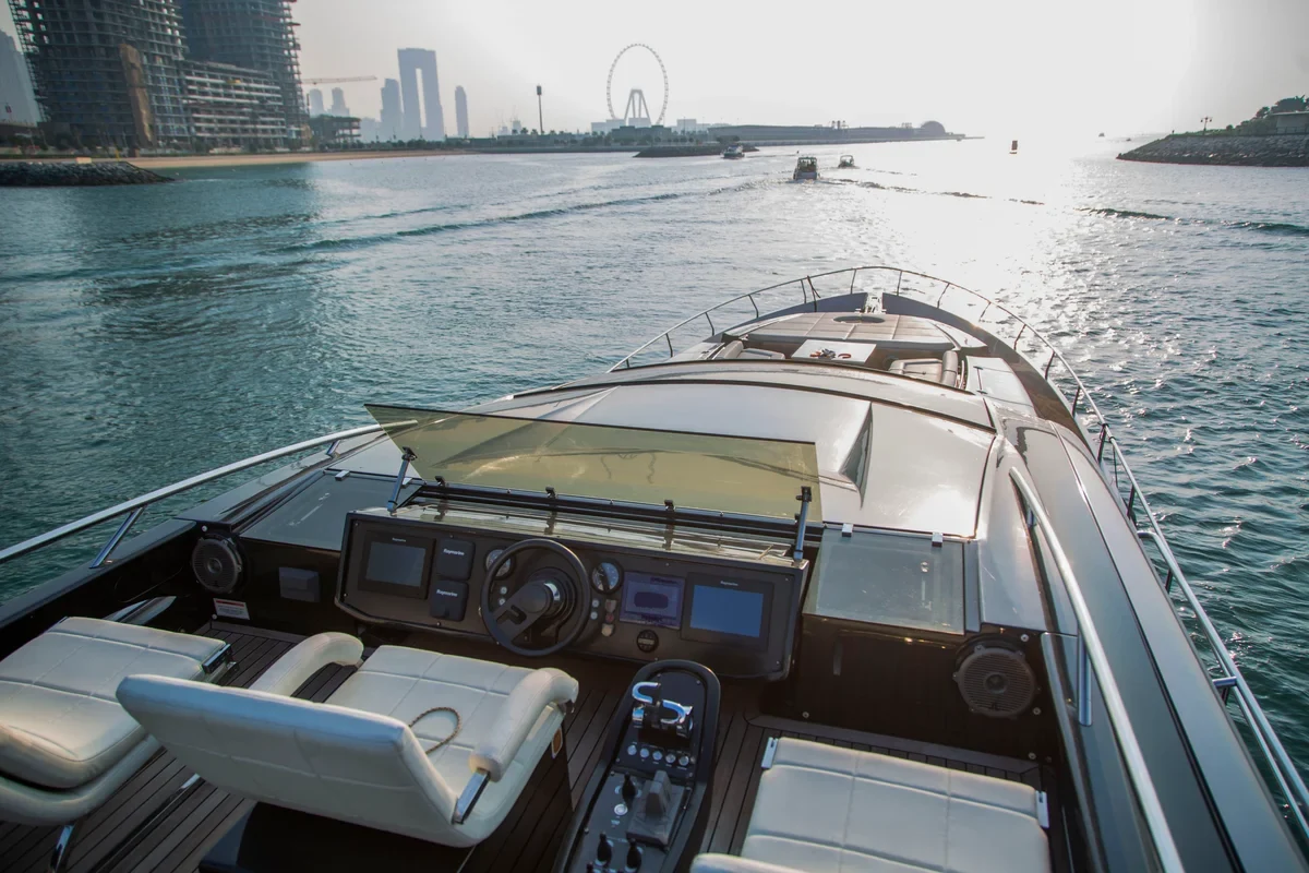 Upper helm and foredeck view aboard Straga