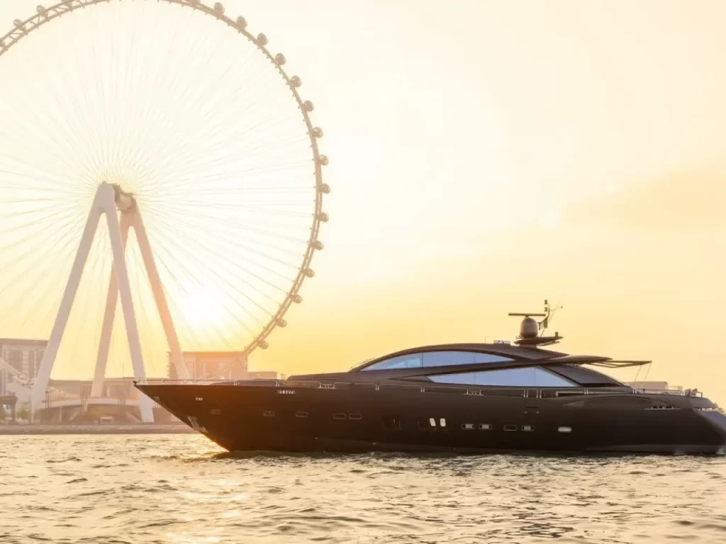 Dark-hulled Elite Sunseeker 108 beside Ain Dubai at sunset