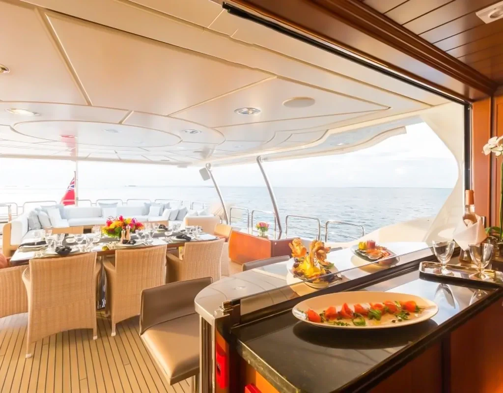 Sheltered aft dining and serving area aboard Elite VIP