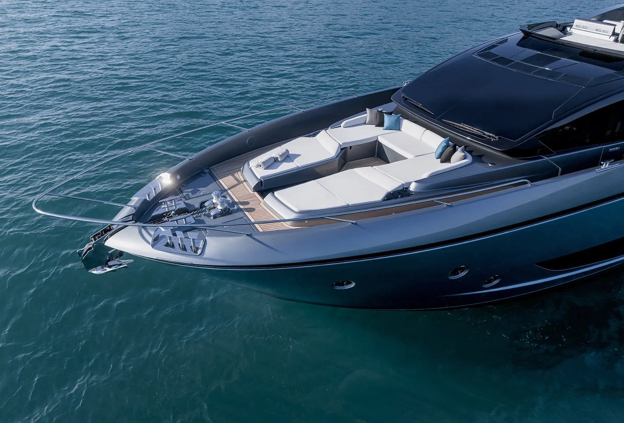 Forward lounge and sunpads on Riva 82