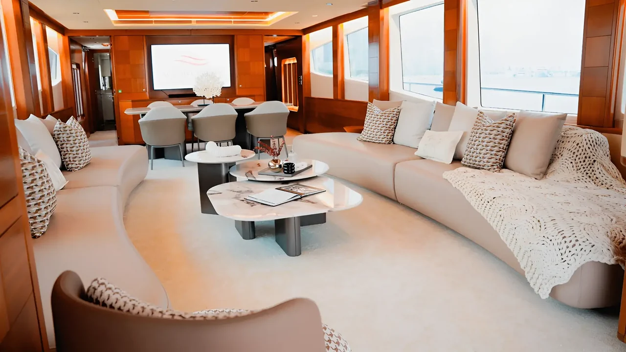 Interior lounge and dining area aboard Xclusive 35