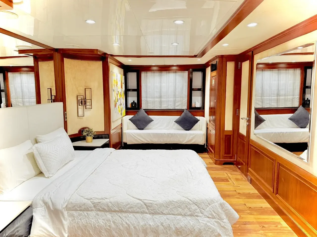 Benetti 120 master cabin with king size bed and panoramic windows